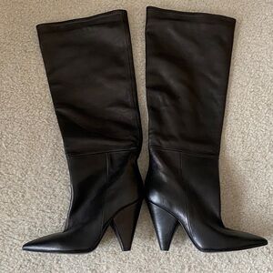 Bianca Di tall dark brown leather boots with  shaped heels 4” high, size 38
